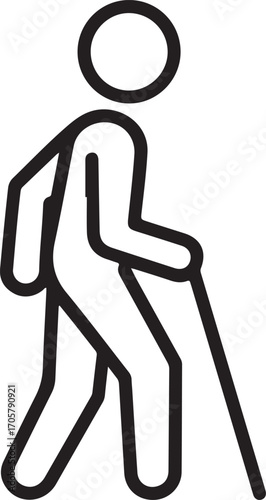 Simple line art icon of a person walking with a cane