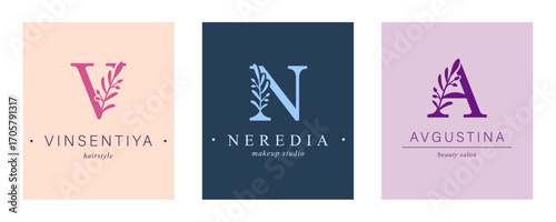 Logo V, N, capital letter A. Monogram of Botanical Minimalistic, Initial. with Organic Plant Elements.