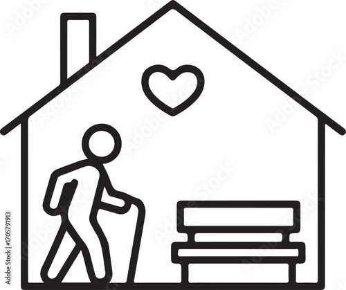 Senior person walking with cane inside assisted living home with heart symbol