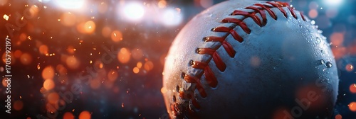 Baseball Flying Through the Air With Blurred Background of Golden Bokeh Lights.