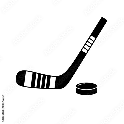 Hockey Stick and Puck Silhouette on White Background