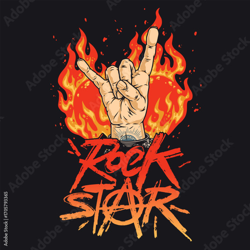 Rock star hand gesture with flames in background