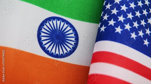 A close up of the national flag of India together with the USA flag. An India, USA relations concept.