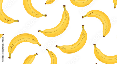 Seamless pattern of bright yellow bananas on a white background