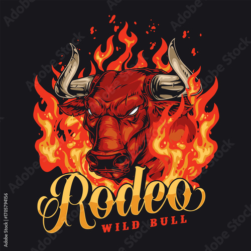 Wild bull in flames with rodeo theme art