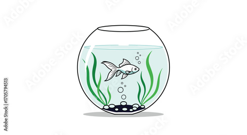 A cute animated gold fish swimming in a round glass bowl with green seaweed and bubbles.