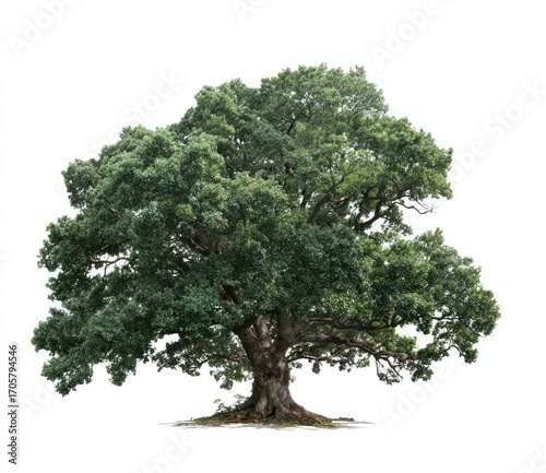 A robust, mature tree with dense, green foliage stands prominently against a bright white background, casting a soft shadow underneath