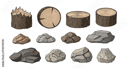 A collection of illustrated logs and rocks in various forms.