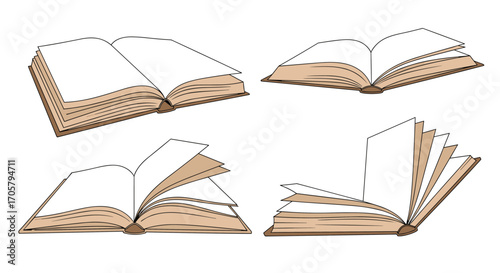 An assortment of open books with blank pages arranged in a collage.