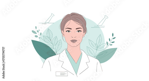 A portrait of a medical professional in a white coat with greenery in the background.