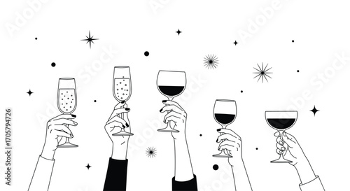 People raising glasses for a toast celebration with confetti and stars.