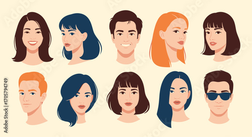 Diverse group of people heads facing various directions.