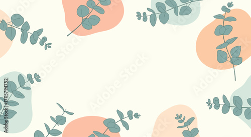 Abstract pastel shapes and eucalyptus leaves background with soft color palette.
