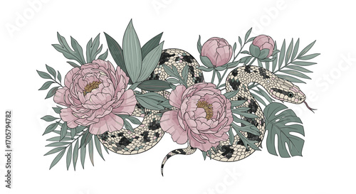 Elegant floral arrangement with a coiled snake and pink peonies.