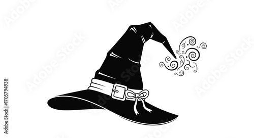 A magical black witch hat with swirling mist and ornate buckle.