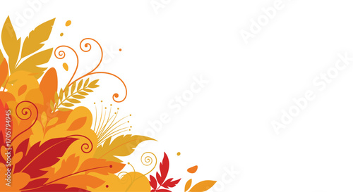 Autumn leaves and swirling vines decorate a white background.