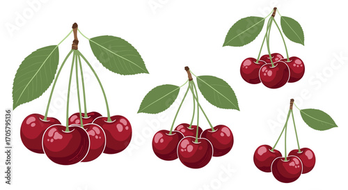 A collection of fresh red cherries with green leaves.