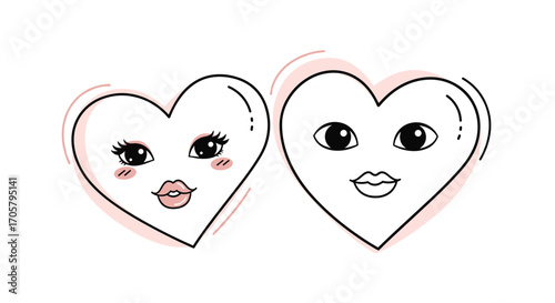 Cute cartoon hearts with faces showing affection and love.