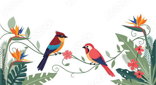 Two colorful birds perched on vines among tropical flowers.