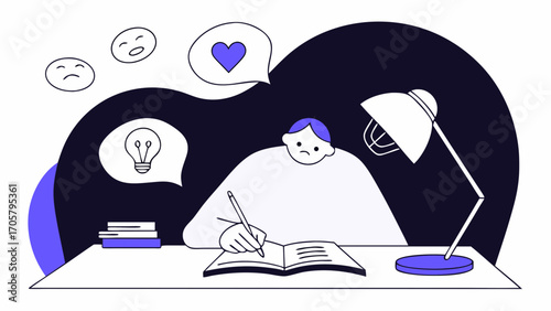 Exploring thoughts and feelings through writing as a powerful tool for mental health and self-care conceptual illustration