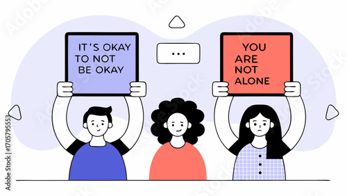 Mental Health Awareness and Community Support Concept with People Holding Banners of Encouragement