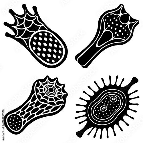 Four black and white stylized illustrations of microscopic organisms with detailed internal structures