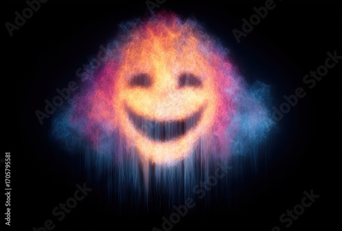 Ethereal smiling face formed from spectral, colorful plumes against a black background, giving an otherworldly feel