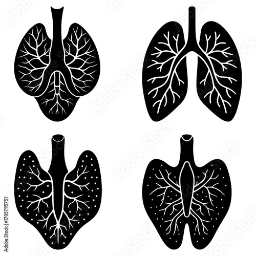 Four black and white lung illustrations showing respiratory system anatomy and branching structures clearly