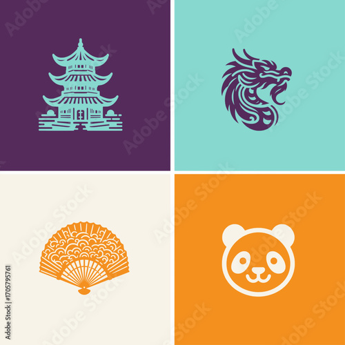 Set of stylized Asian cultural icons including a pagoda, dragon, fan, and panda