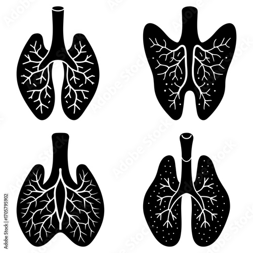 Four black lung illustrations with varying vein patterns on a white background in a symmetrical arrangement