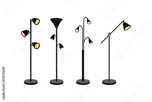 Floor lamps illustration set. Modern floor lamps. Black floor lamp. Highlight lamp. Set of modern lamp. Home interior. Living room lamps.