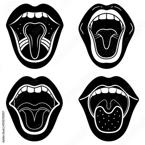 Four open mouths with different tongue and throat depictions in black and white drawing style art