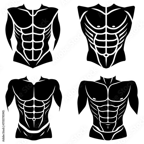 Four stylized black and white torsos showcasing muscular physiques and defined abdominal muscles on display