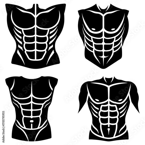 Four stylized black and white torsos displaying muscular physiques and abdominal definition in a graphic art style