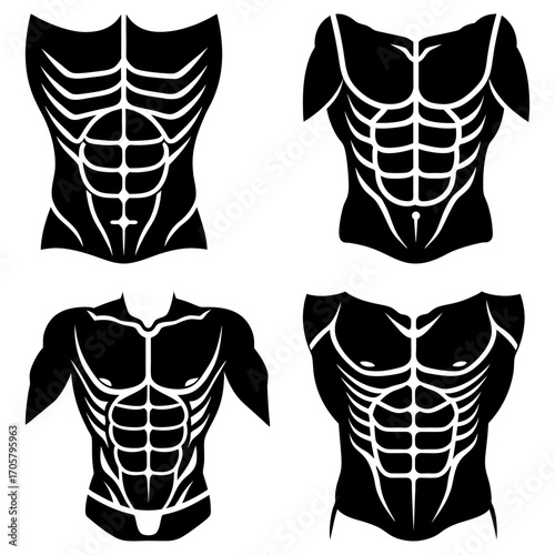 Four illustrations of muscular torsos showcasing abdominal muscles in a black and white design style