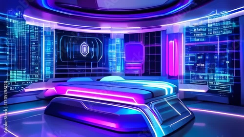 Futuristic room with glowing neon lights and holographic displays