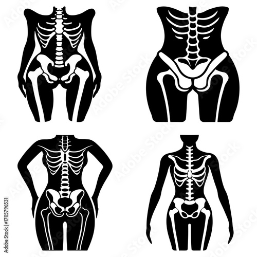 Four stylized skeletal figures with varying body types in black and white illustration style art
