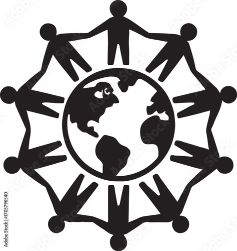 People holding hands around globe silhouette icon symbolizing unity, global peace, and teamwork.