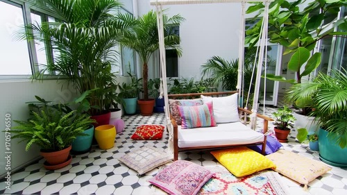 Indoor patio with plants, swing, and colorful cushions