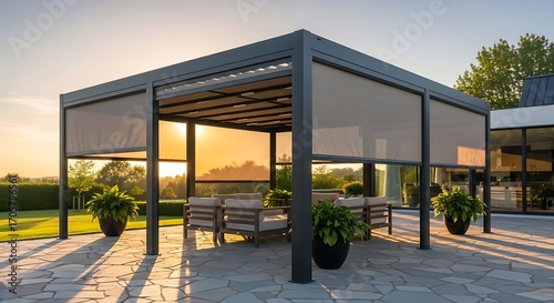 Modern Aluminum Pergola with retractable sunshade.