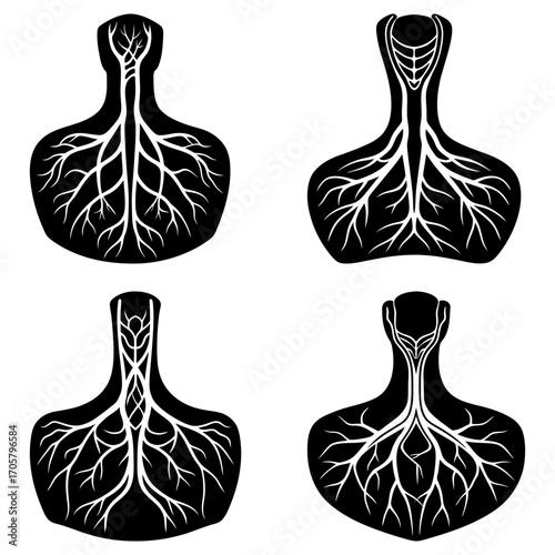 Four stylized anatomical heart representations with branching veins in black and white design isolated