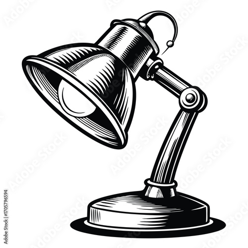 Monochromatic Illustration of an Adjustable Desk Lamp with a Light Bulb
