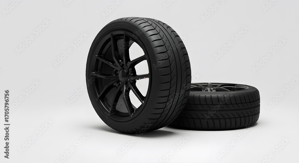 Obraz premium Two sleek black performance car tires with matching alloy wheels displayed against a clean white studio background, emphasizing automotive design and engineering.