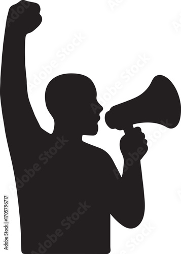 Protester with loudspeaker silhouette icon representing activism, rally, and public voice.