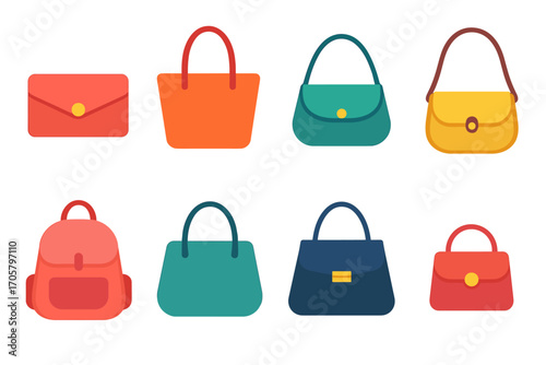 Fashion bags flat icon set. featuring envelope, tote, satchel, hobo, backpack, shopper, handbag, and crossbody symbols