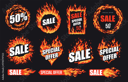 Fire-themed sale designs showcasing discounts