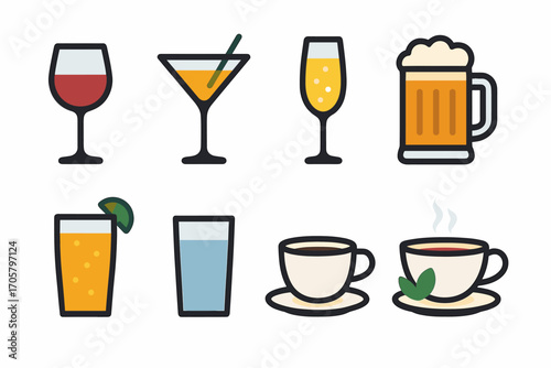 Beverage flat icon set. featuring wine, cocktail, champagne, beer, juice, water, coffee, and tea symbols