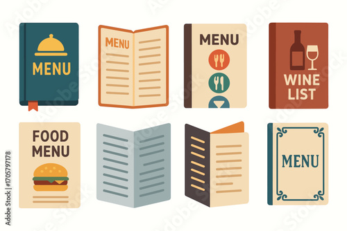 Restaurant menu covers flat icon set. featuring wine list, menu book, food menu, and dining options
