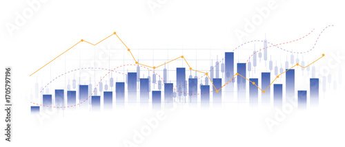 Abstract financial market chart showing bar graphs, line graphs, and candlestick patterns with glowing neon design on dark background for trading analysis