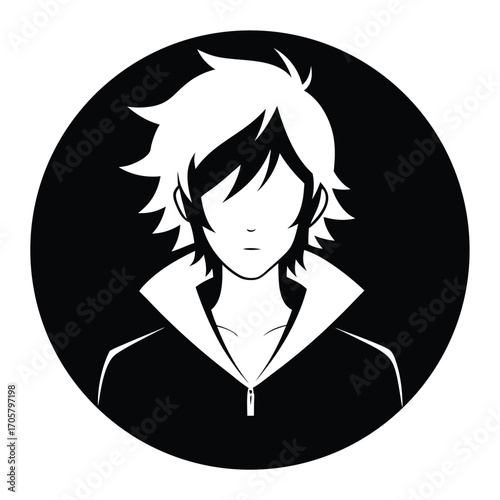 Monochrome Anime Style Portrait of a Young Man in a Circle